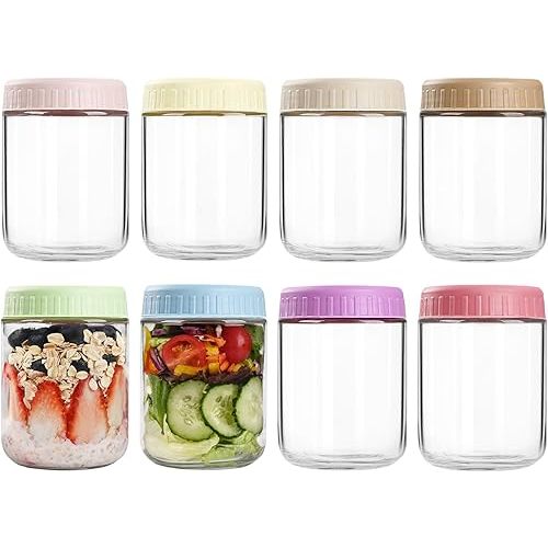 Overnight Oats Containers with Lids, 16oz Glass Jars with Lids 8 pcs, Wide Mouth Mason jars for Salad, Yogurt, Snacks, Meal Prep
