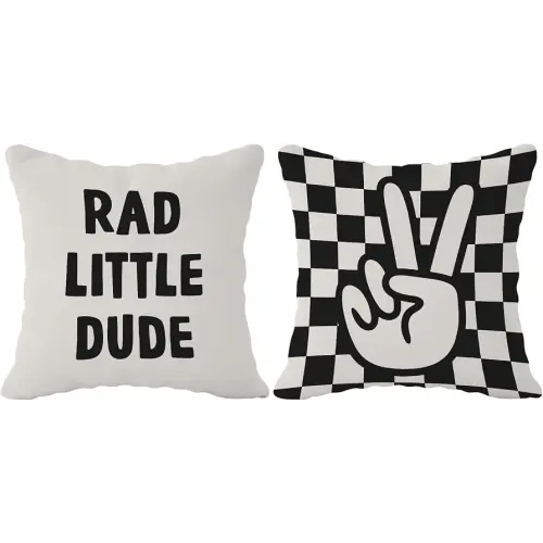 Checkered Pillow Covers, Rad Little Dude Preppy Peace Hand Sign Decorative Throw Pillow Covers, Trendy Pillow Cases Cushion for Home Boy Girl Teen Nursery Room Dorm, 18×18 Inch Set of 2