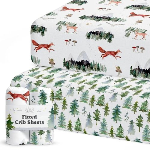Sorrel + Fern Baby Crib Sheets Neutral, Fitted 2-Pack (Forest Animals)