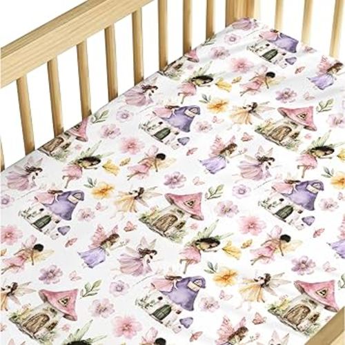 Baby Boy Girls Standard Crib Sheet Fairy Tale Garden, Watercolor Pink Magical Fairy Snug Fitted Mattress Covers, Soft Stretchy Breathable Nursery Kids Toddler Bed Decor Shower Gift 52 x 28