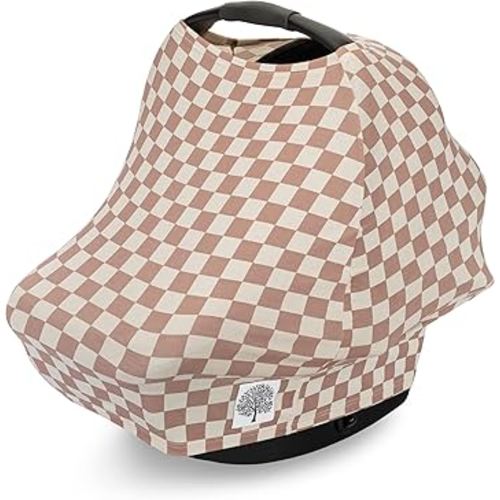 Parker Baby 4 in 1 Car Seat Cover for Girls and Boys - Stretchy Carseat Canopy, Nursing Cover, Grocery Cart Cover, High Chair Cover - "Rosewood Checker"