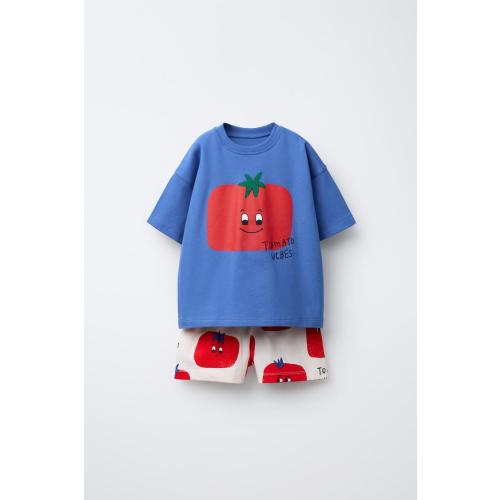 TOMATO PRINT JOGGING T-SHIRT AND BERMUDA SET - Blue | ZARA United States