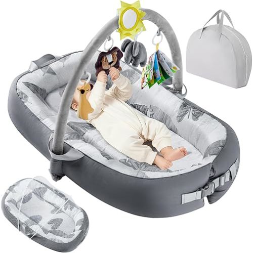 Portable Baby Lounger for Travel,Breathable & Comfortable 100% Cotton Infant Lounger, Baby Nest 0-24 Months Machine-Washable Newborn Lounger,Newborn Essentials (Gray, Baby Lounger with Toys)