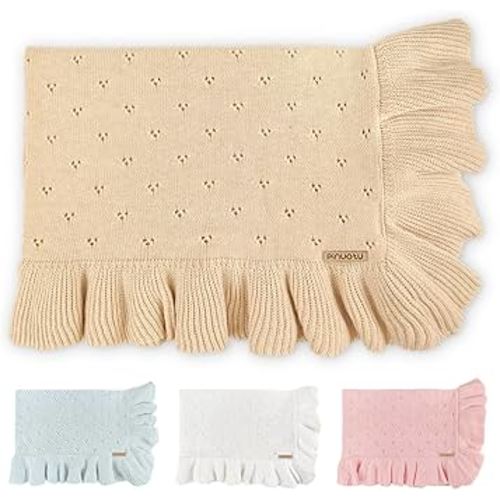 Cotton Pointelle Knitted Baby Blanket with Ruffle Trim, 40x31 Inches, Soft & Cozy for Newborns & Toddlers, Ideal for Swaddling, Crib & Stroller, Elegant Gift Box for All Seasons(Beige)
