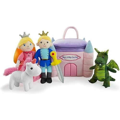 Castle Princess Baby Doll Stuffed Animal for Toddler 0-12 Months 1 2 3 Year Old Fairytale Plush Toys Castle Boy Girl Toy Set Montessori Soft Baby Toys with Prince, Unicorn, Dragon Baby Stuff Gift