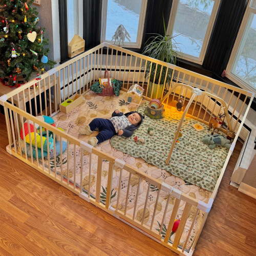 HARPPA Wooden Baby Playpen with Gate, Adjustable Panel Play Yard Fence for Toddlers, 79.5" x 71.5" x 24"