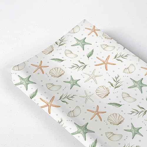 Watercolor Sea Animals Starfish Seashells Leaves Pattern Baby Changing Pad Cover, Unisex Ocean Nursery Diaper Changing Table Pad Mat Sheet for Boys Girls-16x32