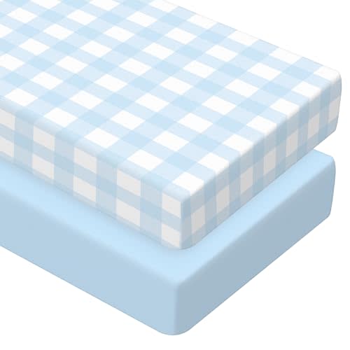 Peryiter 2 Pack Crib Sheets for Girls Boys Coquette Bed Sheet Set Fitted 52'' x 28" for Standard Crib Mattress Stretchable Soft Toddler Aesthetic Nursery Decor (Plaid Checkered,Blue)