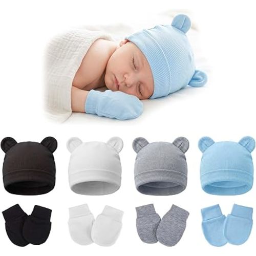 8 Pack Newborn Baby Bear Ears Hats and Mittens Sets Preemie Hats Baby Beanie Gloves Baby Boy Girl Infant Hospital Beanie Multicolor