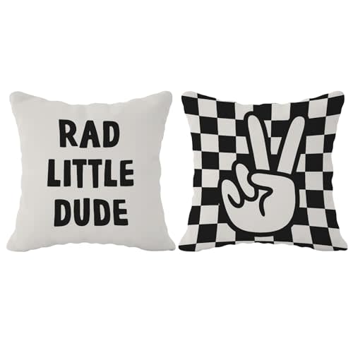 Checkered Pillow Covers, Rad Little Dude Preppy Peace Hand Sign Decorative Throw Pillow Covers, Trendy Pillow Cases Cushion for Home Boy Girl Teen Nursery Room Dorm, 18×18 Inch Set of 2