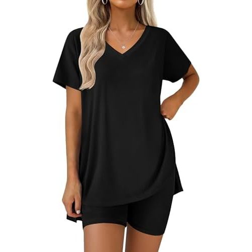 Ekouaer Pajamas for Womens Set 2 Piece Lounge Set Lightweight Summer Pjs Biker Shorts Sets V-Neck Tops Matching Outfits Set