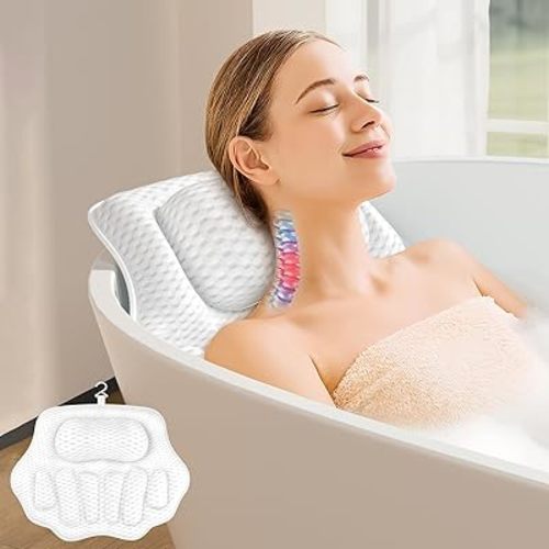 Bath Pillows for Tub, Ergonomic Bathtub Pillow for Head & Neck Relaxation, 4D Air Mesh Bath Cushion with 6 Non-Slip Suction Cups, Fits All Bathtubs (White)