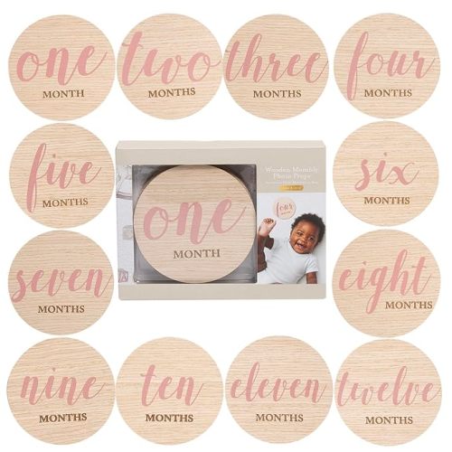 Kate & Milo Baby Monthly Milestone Marker Discs - Classic Cursive Script Wooden Discs with Reversible Photo Props for Baby Announcement and Milestones, Gender-Neutral Gift for Newborn Boy and Girl