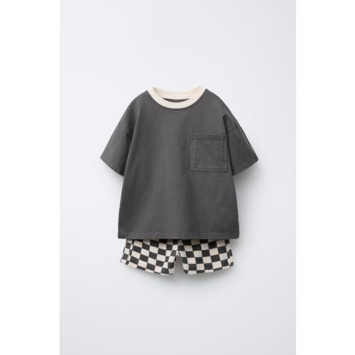 CHECKERBOARD T-SHIRT AND BERMUDA JOGGING SET - Ecru / Khaki | ZARA United States