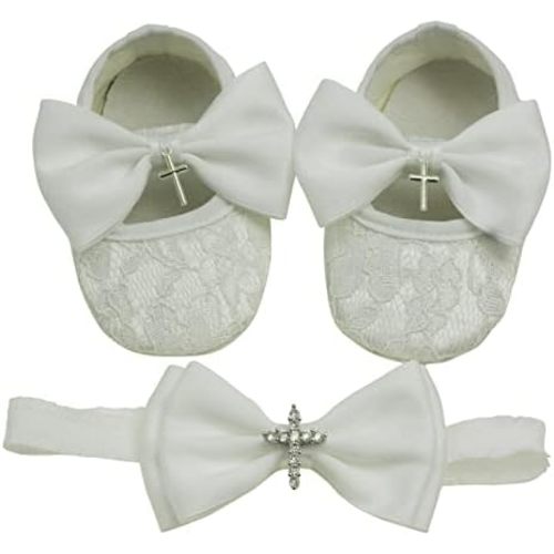 Nihao Baby Girls White Baptism Shoes and Headband Set Christening Dress Shoes