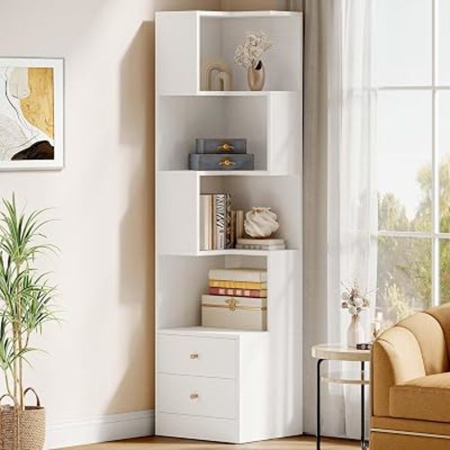 IRONCK Corner Bookshelf, 70.87" Tall Corner Bookcase with Drawers, Corner Shelf Storage Display Rack for Living Room Home Office, White