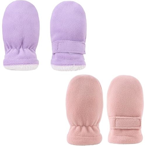MniJiza Newborn Baby Mittens Toddler Winter Warm Fleece Lined Gloves No Scratch Adjustable Mitten for Infant Boys Girls (Light Purple+Pink, 0-6M)