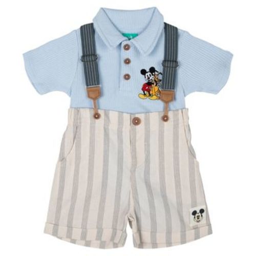 Disney Mickey Mouse Newborn Baby Boys Ribbed Polo Bodysuit and Shorts Outfit Set Pale Sky Blue / Cream 3-6 Months