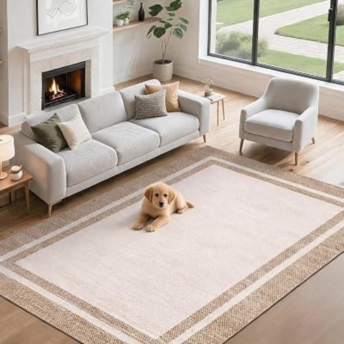 Garvee 8x10 Neutral Border Washable Rugs for Living Room Rug, Beige