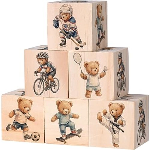 6 Pcs Large Bear Nursery Decor Wooden Blocks Party Decor, 2.36 in