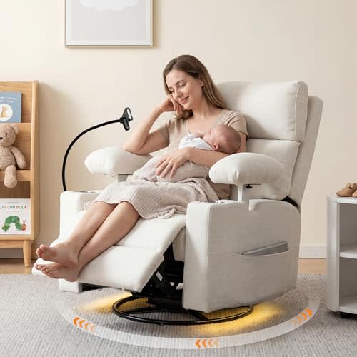 FiveWillowise Power Rocking Chair Nursery with Adjustable Armrests&Headrest, Glider Recliner Chair, Swivel Reading Chair with Electric Lumbar Support, Cup Holder, Nightlight and USB Ports,White