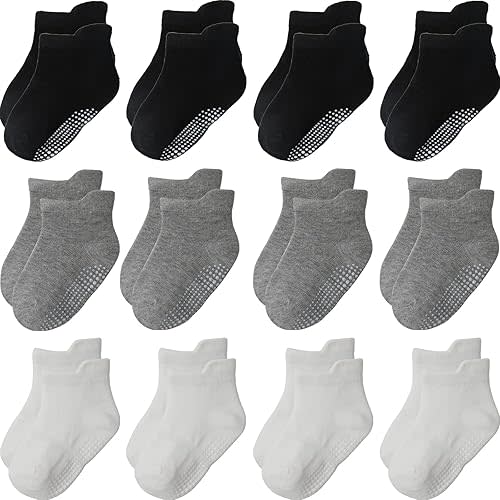 Toddler Socks Non Slip Grip Cute Cotton Baby Socks 12 Pack for Toddler Boys Girls Kids
