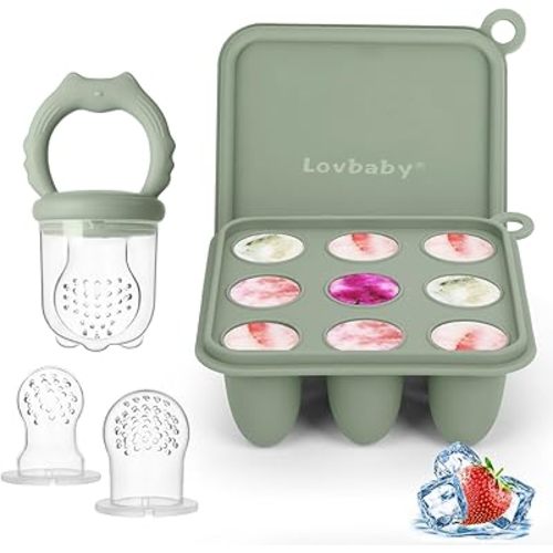 Baby Fruit Food Feeder Breastmilk Popsicle Molds, Silicone Food Freezer Tray for Cooling Teething Relief, Baby Food Feeder for Safe Infant Self Feeding, Includes 3 Extra Food Pacifier