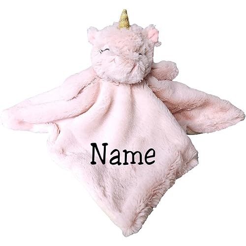 SONA G DESIGNS Unicorn Lovey Lovie Security Blanket with Rattle -Can be Custom Personalized (Pink Unicorn with Embroidered Name)