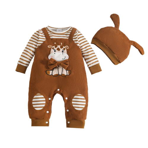 FYDUU Baby Baby Boy Romper Fall Winter Long Sleeve One Piece Jumpsuit + Hat Set Cute Baby Coming Home Outfit Soft Fall Clothes 0-3 Months