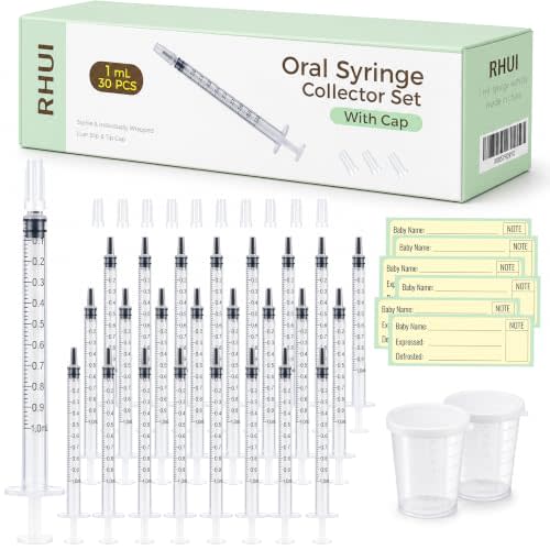 30 Set Colostrum Syringes Kit with Labels 1mL Colostrum Collector Freezer Safe Sterile Syringes with Cap, BPA-Free, Measuring Cup, Storage Bag