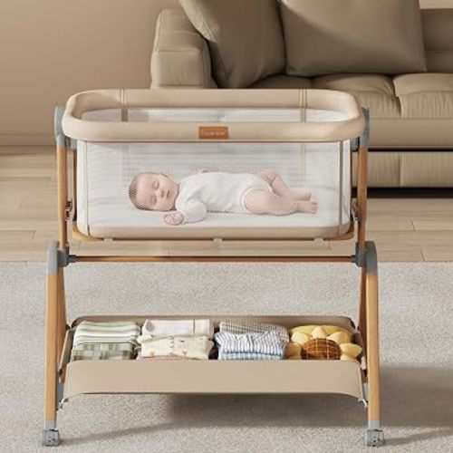 3 in 1 Baby Bassinet Bedside Sleeper, Gentle Rocking Bassinet with Wheels, Adjustable Heights, Full Breathable Mesh, Soft Mattress & Storage Basket, Stable and Secure Crib for Newborns