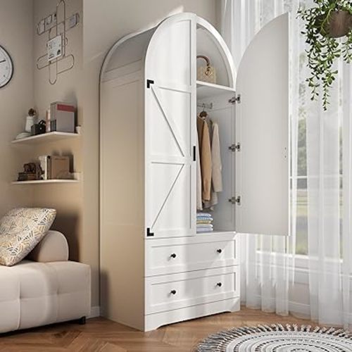 74.8" Armoire Wardrobe Closet with 2 Drawers and 2 Doors, Tall Bedroom Freestanding Armoire Storage Cabinet with Shelves, Wood Large Wardrobe Combination for Hanging Clothes (White)