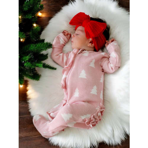 Organic Waffle Ruffle Zip Footie, Pink Christmas Trees