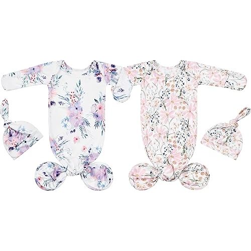 Newborn Baby Knotted Gown Sleeper Gown with Mittens Long Sleeve Nightgown Baby Coming Home Outfit with Hat 2 Pieces