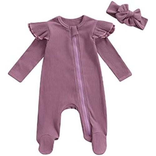 MERSARIPHY Newborn Baby Girl Footies Romper Onesie Zipper Ruffle Rib Footed Coming Home Outfit Jumpsuit Bodysuit and Headband