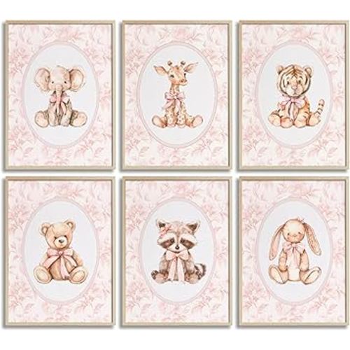Baby Safari Animals Wall Art Animals Pink Bow Nursery Wall Decor Cute Giraffe Elephant Tiger Bear Rabbit Raccoon Picture Painting Poster Print Artwork for Baby Room Girl Room Kids Room Decoration