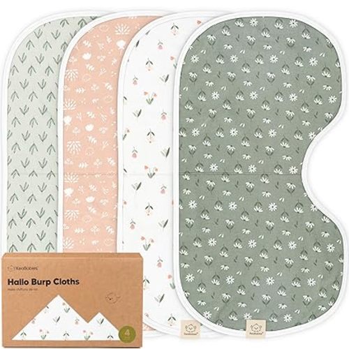 KeaBabies 4-Pack Baby Burp Cloths Baby Girl, Boy - Organic Cotton Burp Cloth, Extra Large, Absorbent, Soft Burping Cloths & Bibs Set for Babies, Newborn Burp Clothes, Thick Burp Rags (Fleur)