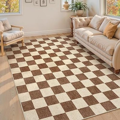 Machine Washable 5x7 Area Rugs for Living Room Checkered, Non Slip Soft Low Pile Farmhouse Geometric Modern Neutral Playroom Boys Rugs for Bedroom, Large Carpet Rugs for Dining Room(Dark Brown,5'x7')