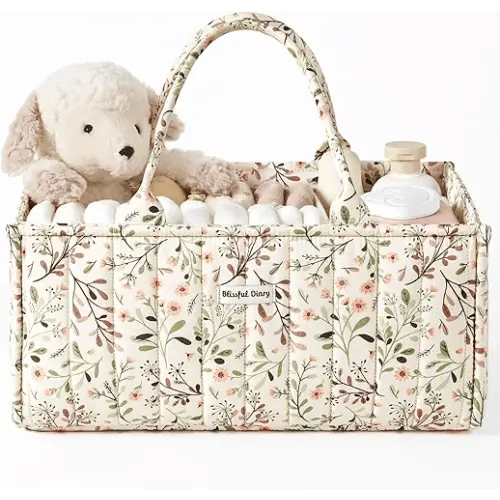 Blissful Diary Floral Diaper Caddy Organizer Storage Basket, Pastoral Daisy | Portable Storage Basket with Removable Dividers, Gift for Baby Shower, Newborn Boy & Girl Essentials, Baby Registry Must Have