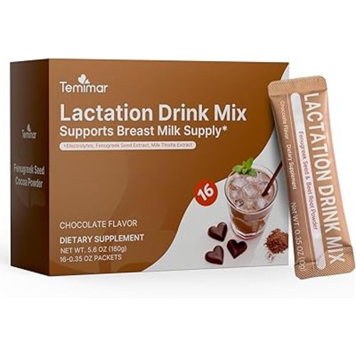 Temimar Chocolate Lactation Drink Mix for Breastfeeding Moms – with 800mg Fenugreek, Milk Thistle, Electrolytes (Magnesium & Potassium) to Support Healthy Milk Supply – Rich Chocolate Flavor, Non-GMO, Gluten Free – 16 Stick Packs