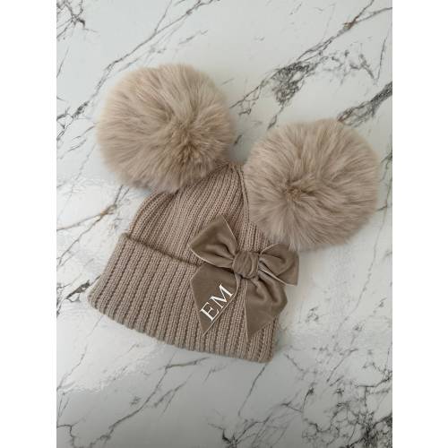 Personalised Baby Toddler Double Pom Pom Hat & Mittens | Ribbed Knitted Winter Beanie Hat With Bow | Baby Infant 0-12 months | Newborn Gift.