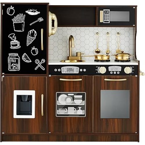 Best Choice Products Pretend Play Kitchen Wooden Toy Set for Kids w/Realistic Design, Telephone, Utensils, Oven, Microwave, Sink - Espresso