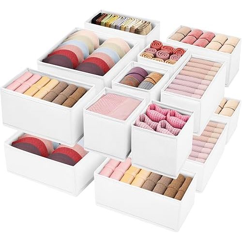 WRRLORS Drawer Clothing Organizer 16-Pack, White 3 Sizes Underwear Drawer Dividers, Fabric Folding Wardrobe Organizer for Baby Clothes, Bras, Underwear, Underpants, Belts, Socks, Ties, etc.