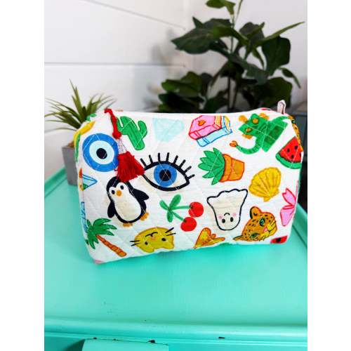 Quilted Makeup Cosmetics Toiletry Bag - Lucky Vibes Print White