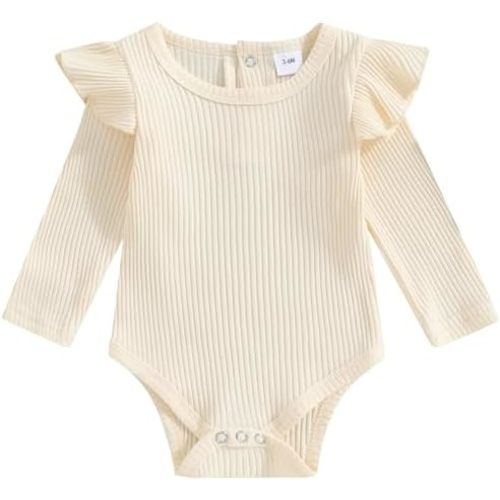 Mubineo Infant Baby Girl Basic Plain Rib Knit Ruffle Long Sleeve Romper Bodysuit Tops