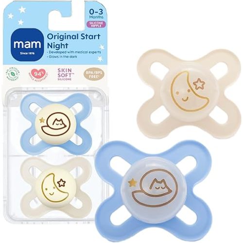 MAM Original Start Night Baby Pacifiers 0-3 Months Newborns, BPA-Free Skin Soft Silicone Nipple, Glows in The Dark, Developed with Medical Experts, 2 Count with Sterilizer Case