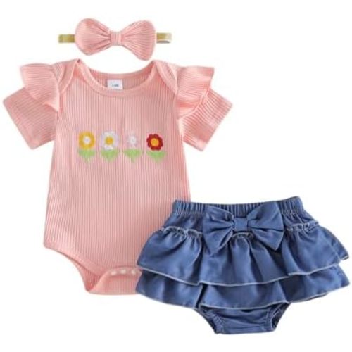 fhutpw Newborn Baby Girl Clothes Ribbed Sleeve Romper Top Leopard Ruffle Shorts Bow Headband Infant Summer Outfits 0-18M