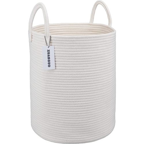 XUANGUO Cotton Rope Laundry Basket Hamper for Clothes Decorative Woven Storage Basket for Living Room Bedroom Boho Tall Rope Baskets for Blanket Toys Baby Nursery Hamper Bin Large white