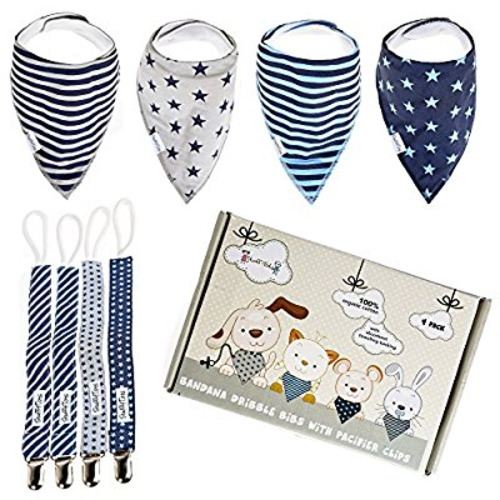 Bandana Drool Bibs & Pacifier Clips Gift Box (4 Pack Boys). Organic Cotton. Double Layered Moisture Protection