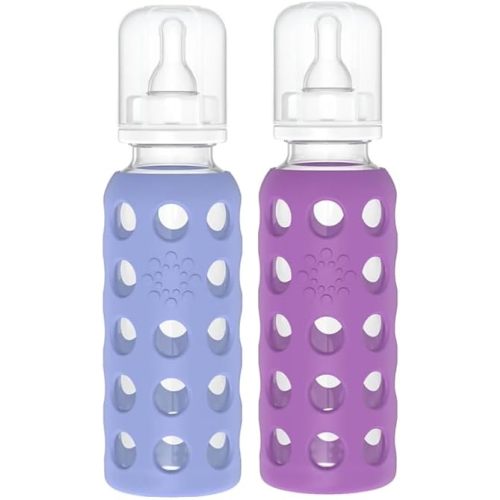 Lifefactory Glass Baby Bottle BPA Free | Protective Silicone Sleeve | 9 oz Pack of 2 | Blueberry & Grape